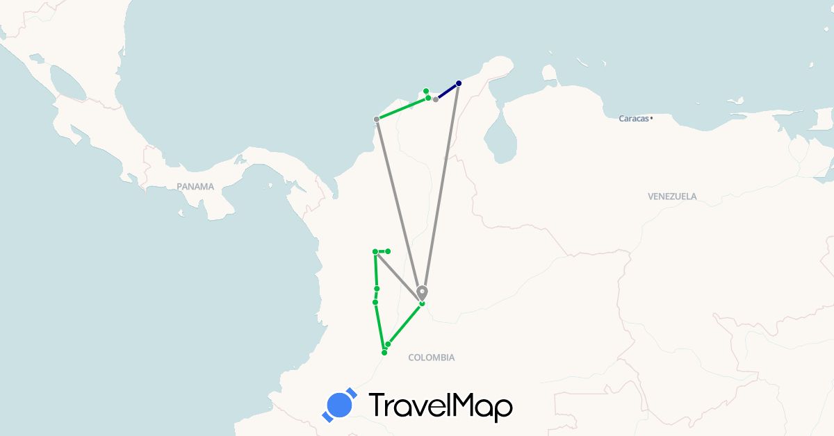 TravelMap itinerary: driving, bus, plane in Colombia (South America)